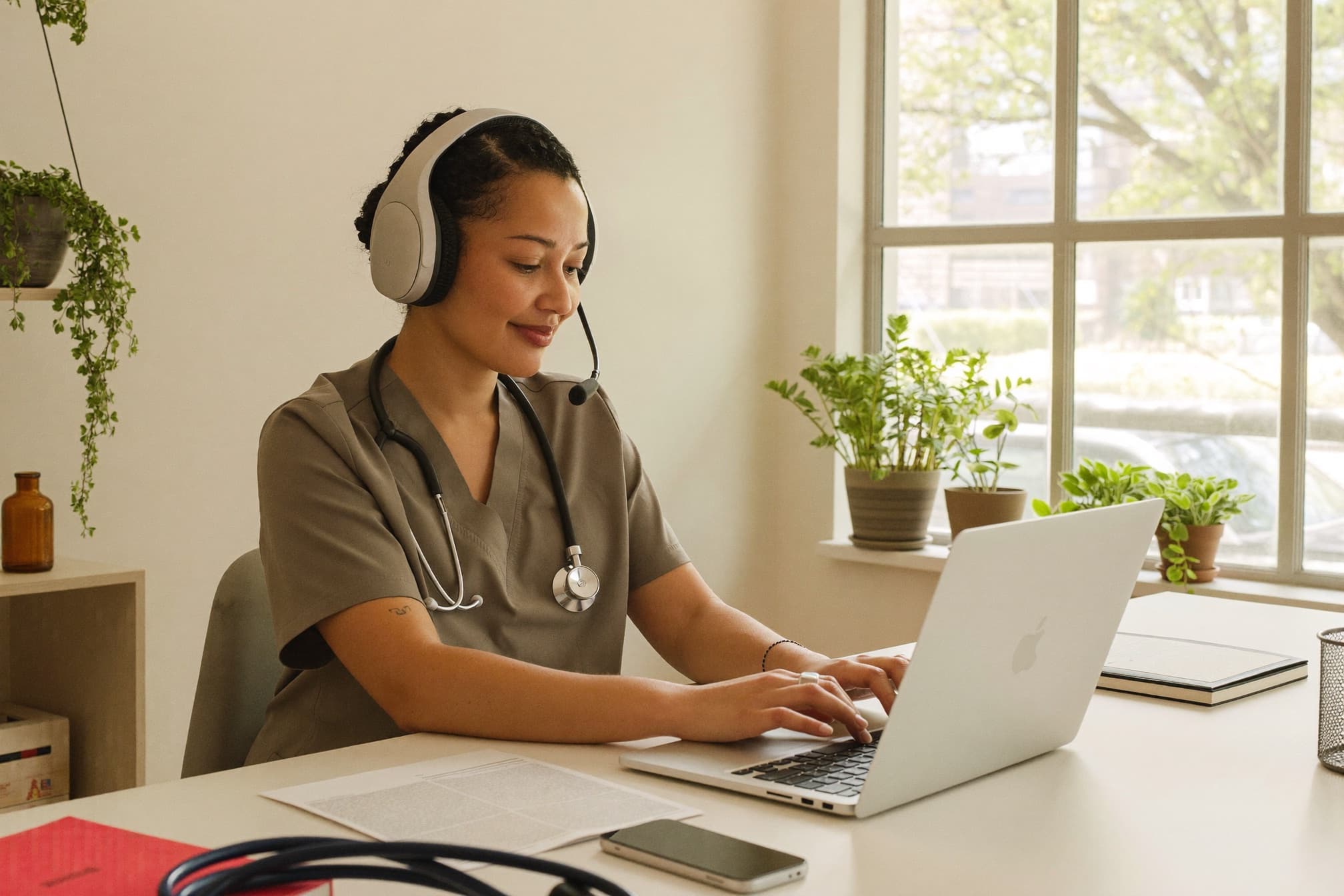 A provider wearing a headset works at a bright, plant-filled desk