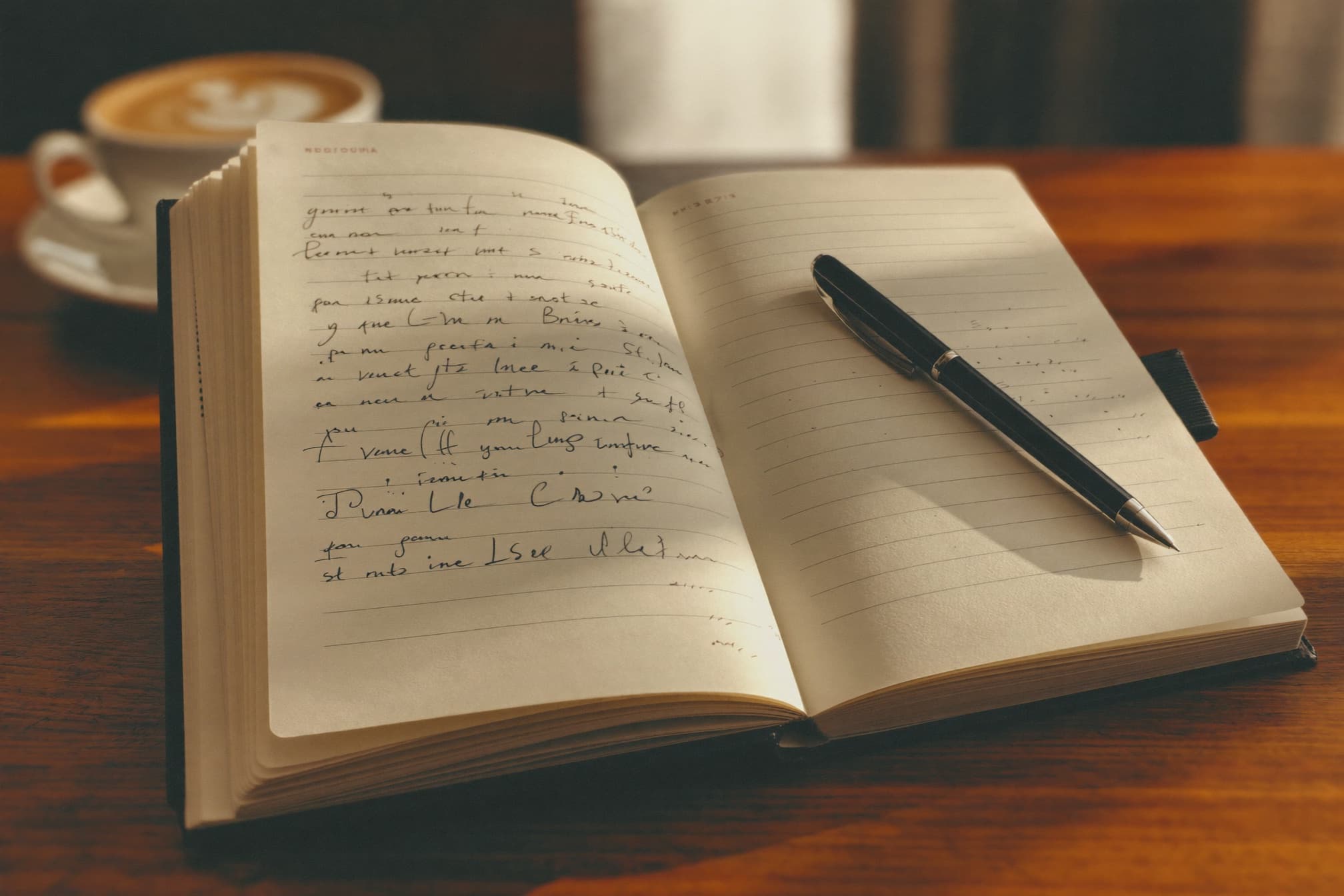 An open journal with a pen resting on a wooden table